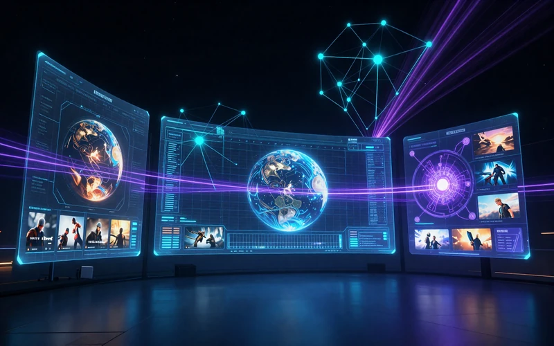 Arcade Atlas futuristic gaming nexus with holographic interface panels showing curated game worlds